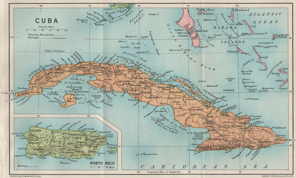 CUBA. Vintage map. Inset Puerto Rico. West Indies. Caribbean 1927 old