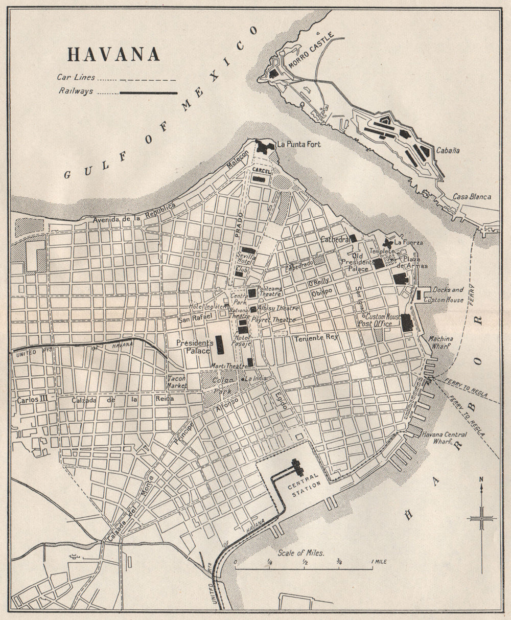 HAVANA. Vintage town plan. Railways & streetcar lines. Cuba. Caribbean 1927 map