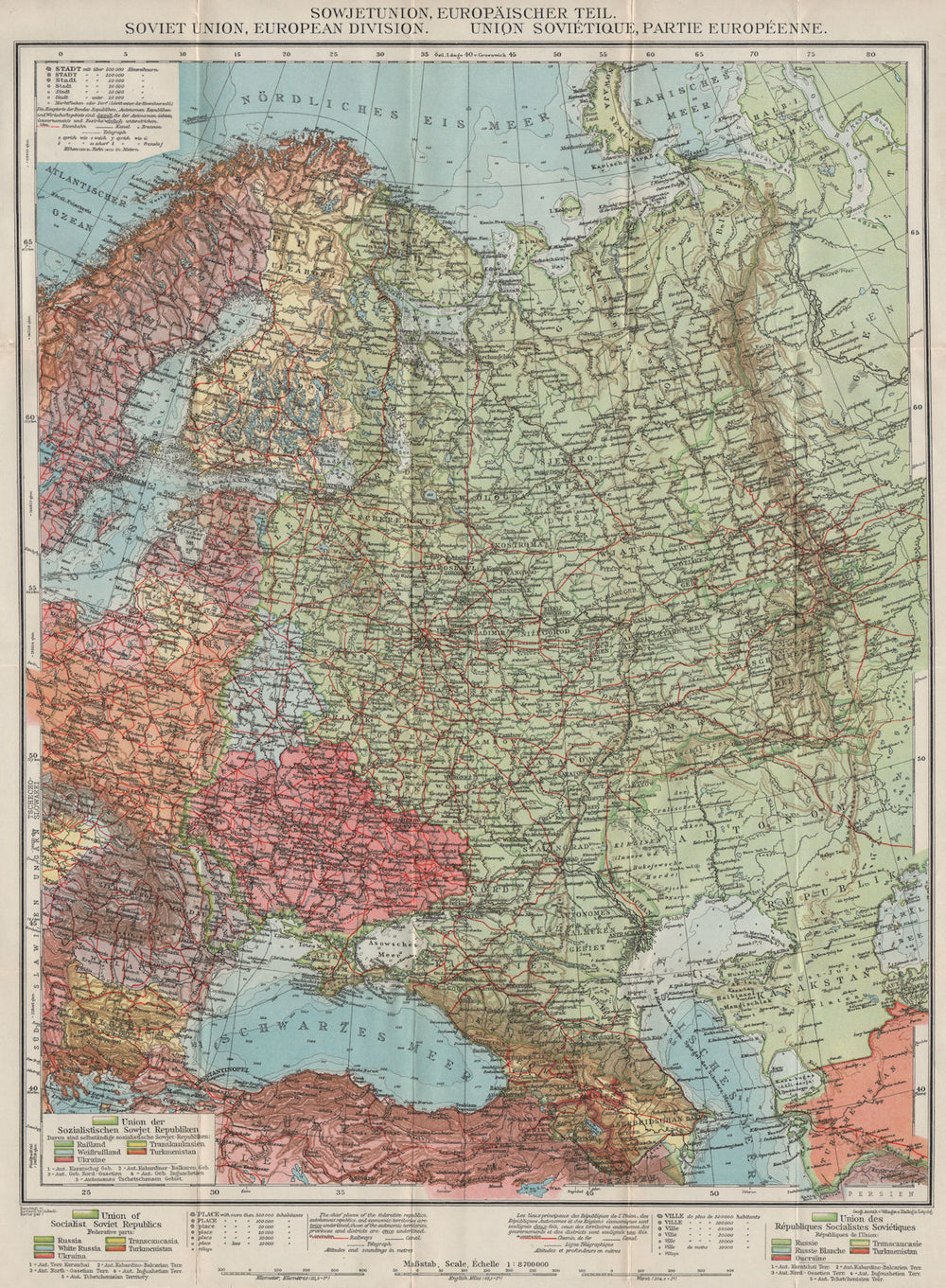 EUROPEAN SOVIET UNION/USSR. CCCP. Russia in Europe 1929 old vintage map chart