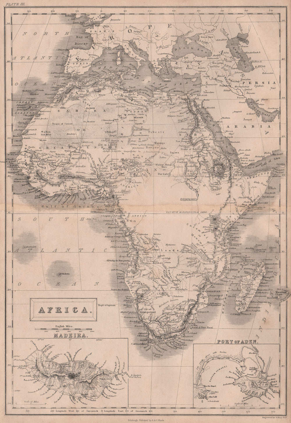 AFRICA. Madeira & Aden. Unexplored areas. Mtns of the Moon. BRITANNICA 1860 map