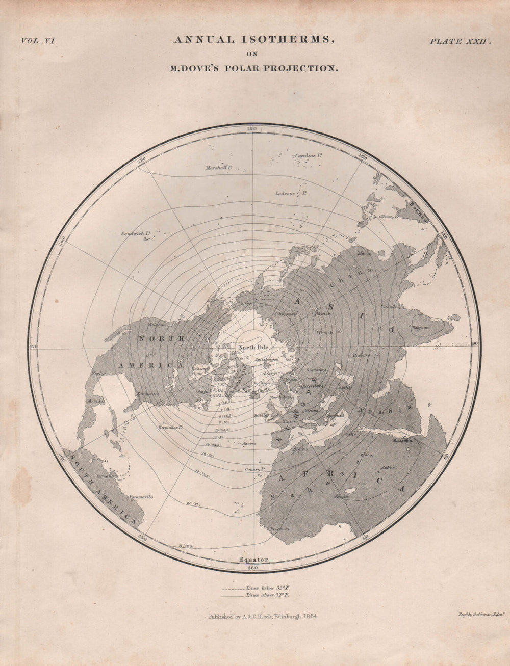 NORTHERN HEMISPHERE. Annual Isotherms on M. Dove's Polar projection 1860 map