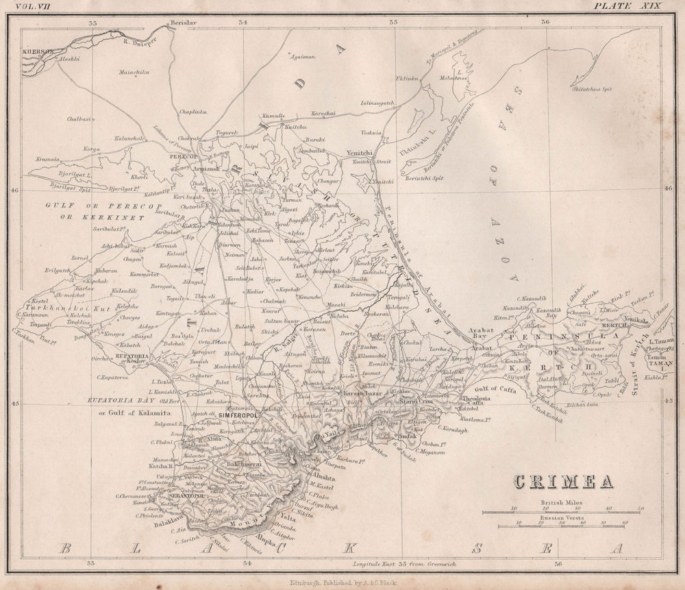 Crimea. Ukraine/Russia. BRITANNICA 1860 old antique vintage map plan chart