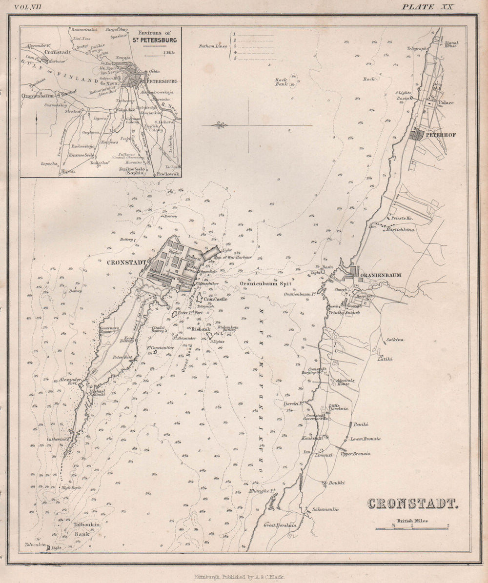 Kronstadt Cronstadt Kotlin island sea chart Oranienbaum Peterhof palace 1860 map