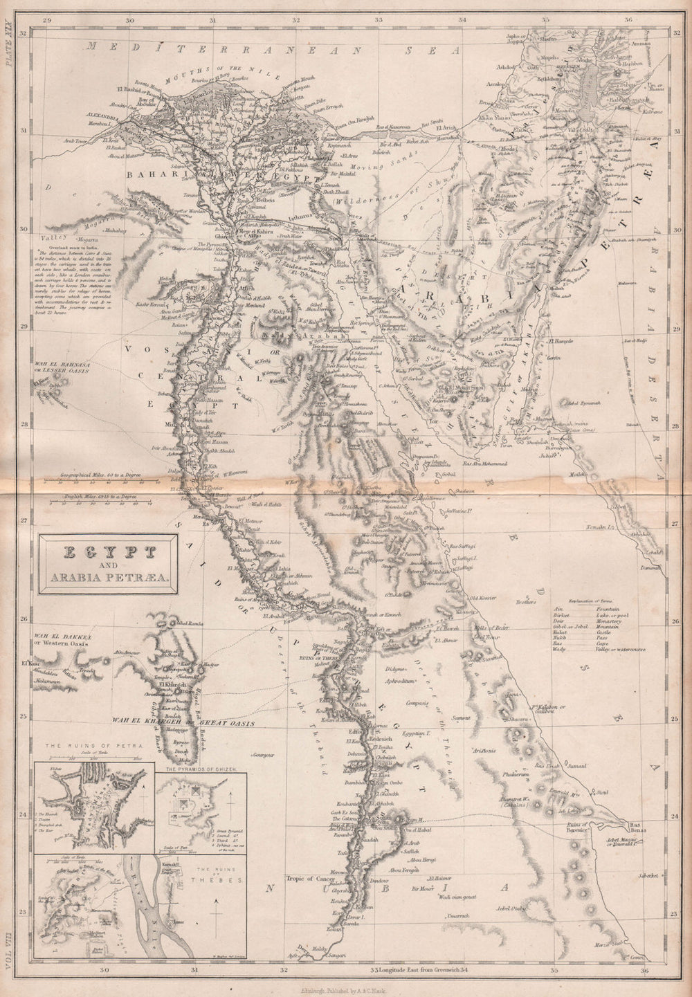 Egypt & Arabia Petraea. Inset Petra Pyramids of Giza Thebes. BRITANNICA 1860 map