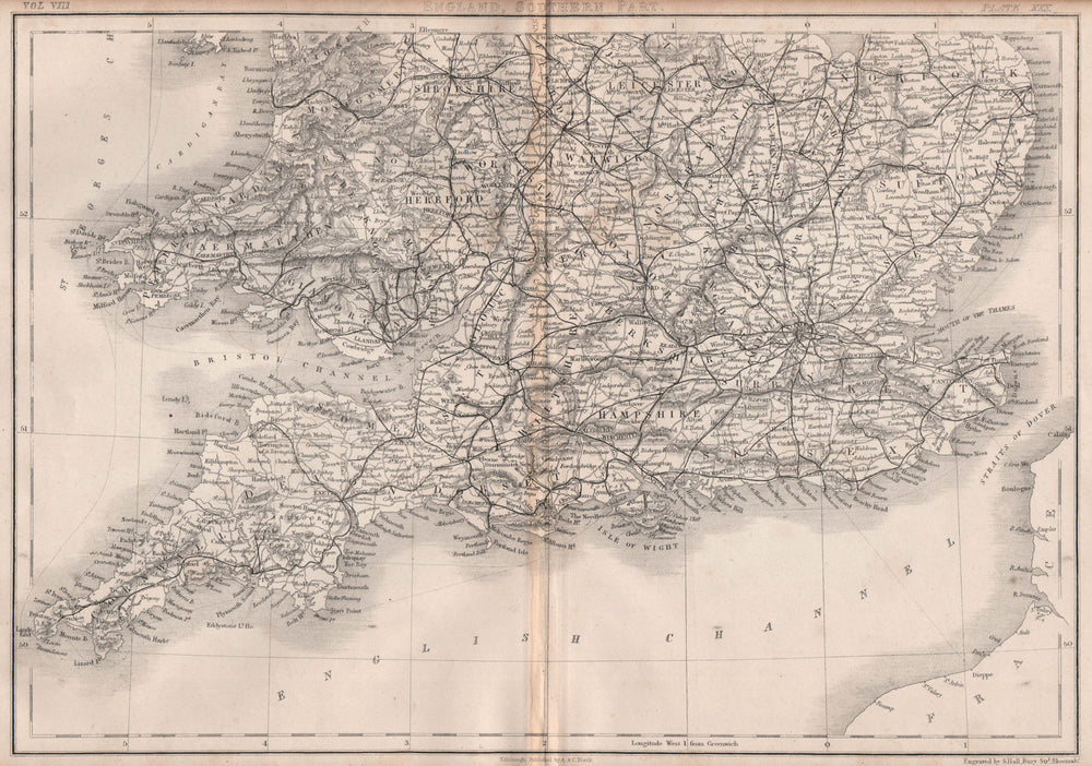 Southern England and Wales showing railways. BRITANNICA 1860 old antique map