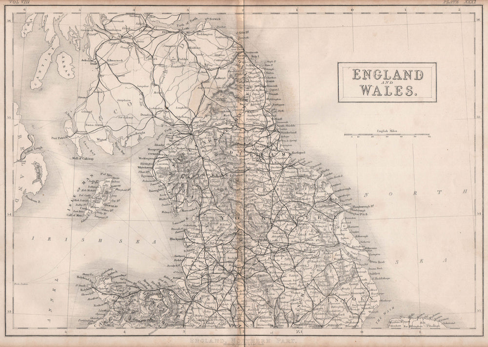 Northern England and Wales showing railways. BRITANNICA 1860 old antique map