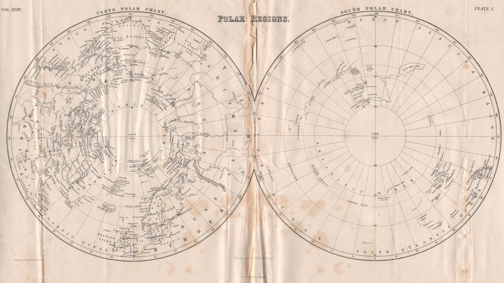 POLAR REGIONS in Hemispheres. North Pole South Pole. Exploration 1860 old map