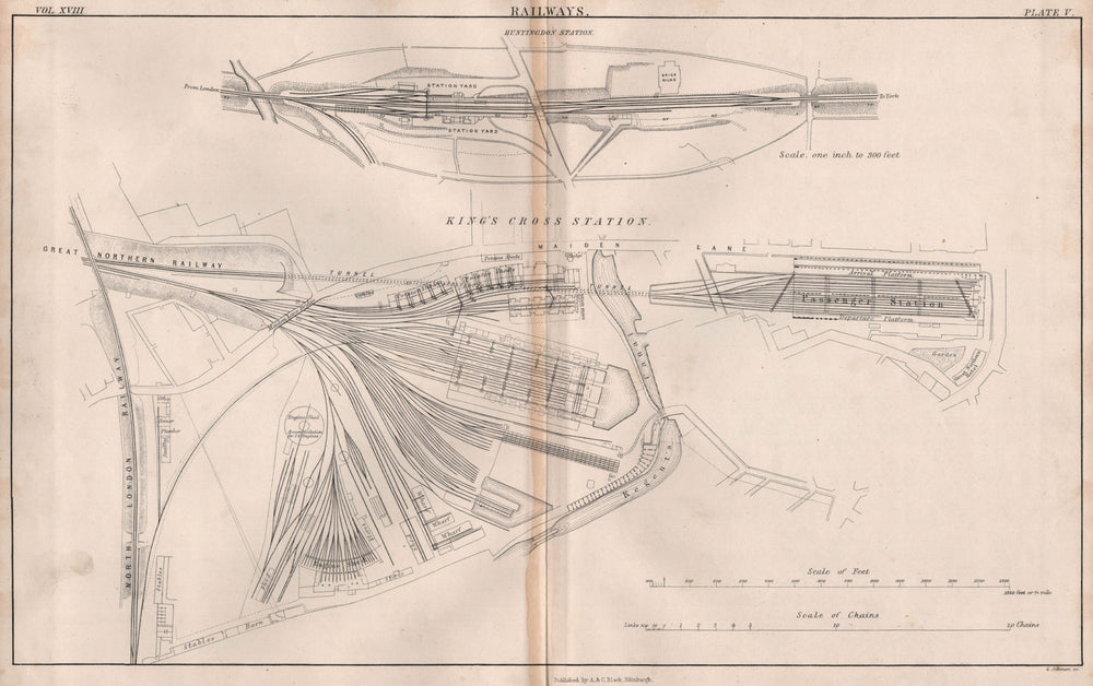 KING'S CROSS STATION track layout. Huntingdon station. BRITANNICA 1860 old map