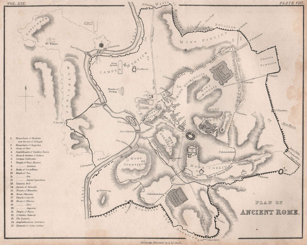 Plan of Ancient Rome. BRITANNICA 1860 old antique vintage map chart