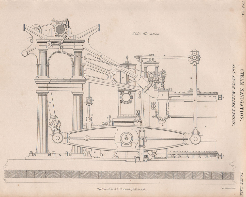 VICTORIAN ENGINEERING DRAWING. Side Lever Marine Engine. BRITANNICA 1860 print