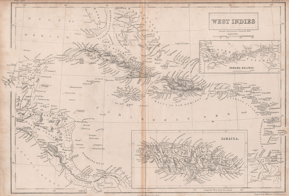 CARIBBEAN West Indies. Inset the Panama Railway & Jamaica. BRITANNICA 1860 map