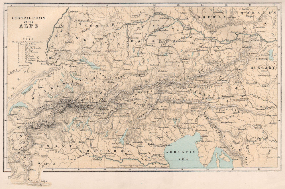 The Alps. Europe. Switzerland Italy France Austria. BARTHOLOMEW 1886 old map