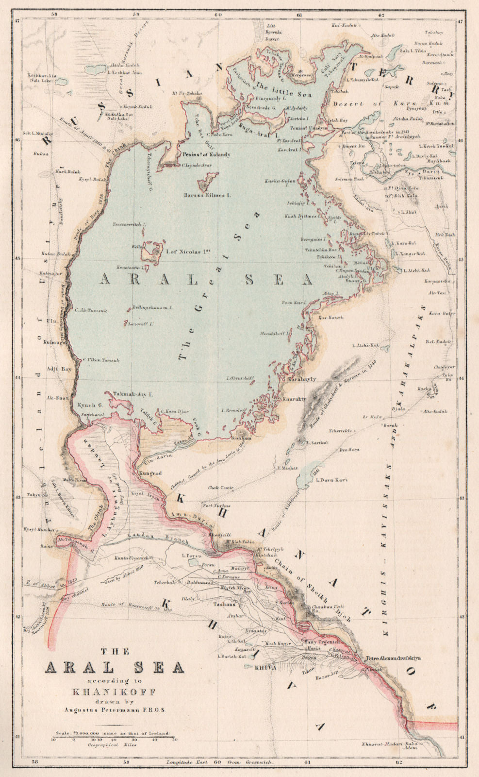 The Aral Sea according to Khanikoff. Central Asia. Khiva. BARTHOLOMEW 1886 map