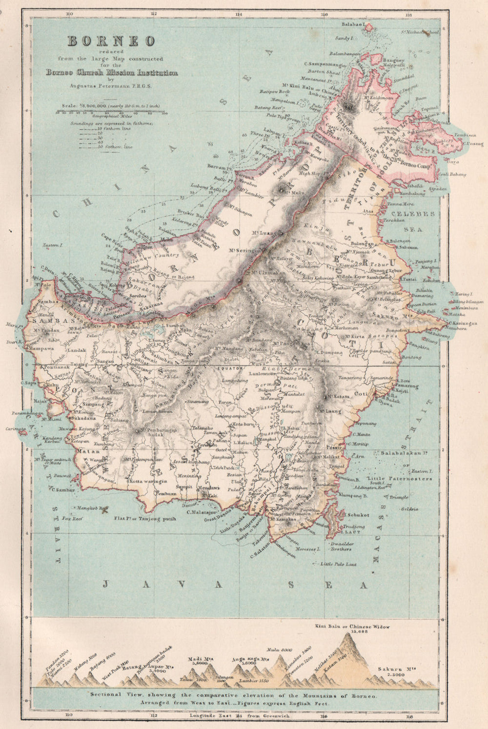 Borneo, with cross section. Kinabalu. BARTHOLOMEW 1886 old antique map chart