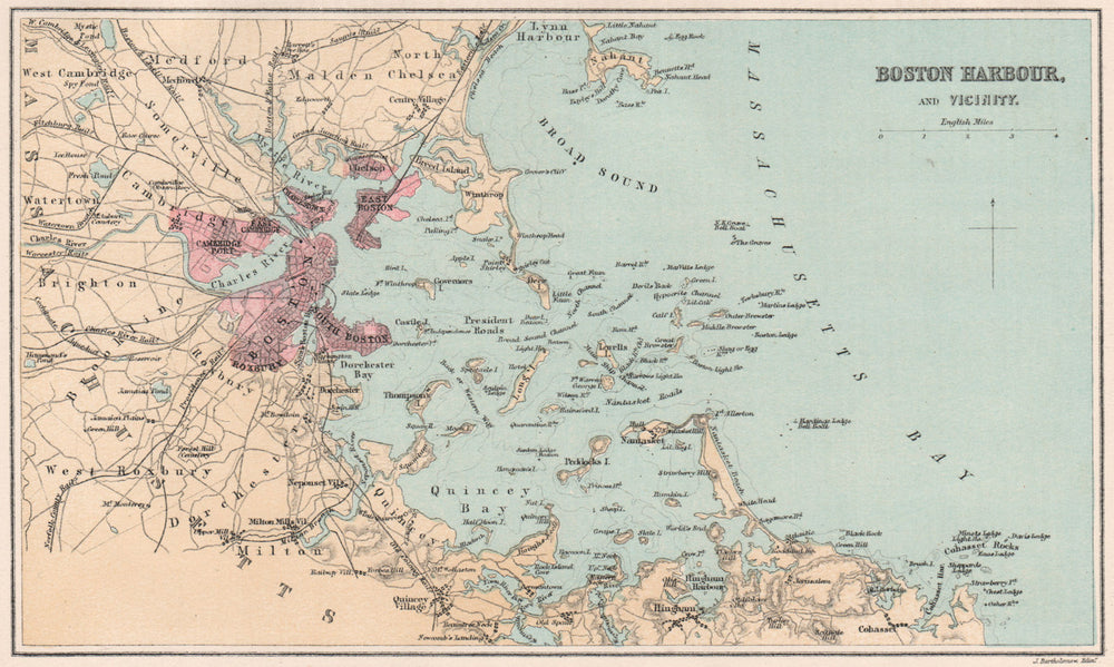 Boston Harbour and Vicinity. Massachusetts. BARTHOLOMEW 1886 old antique map