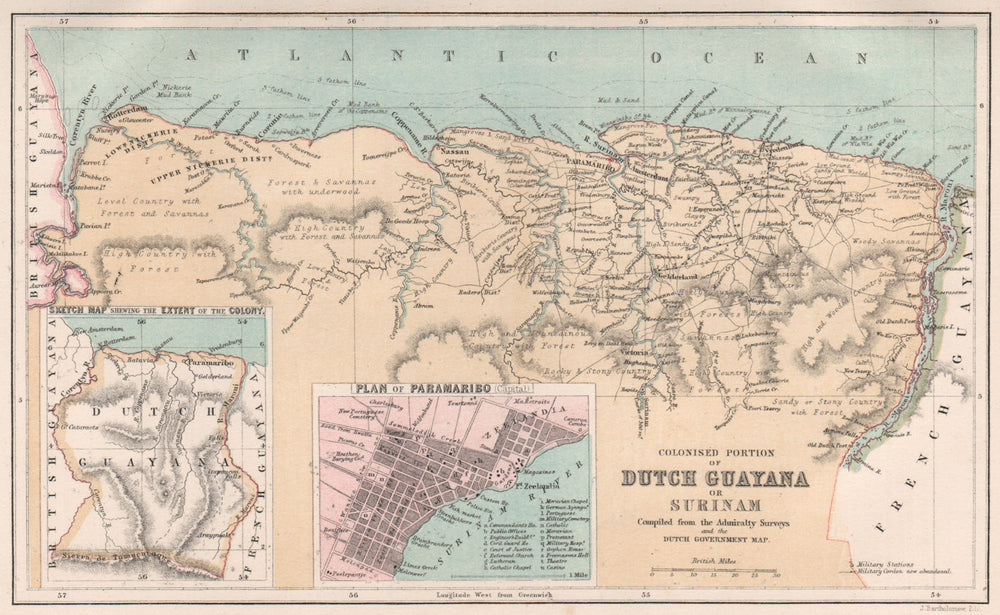Coast of Dutch Guyana or SURINAME. Paramaribo plan. BARTHOLOMEW 1886 old map