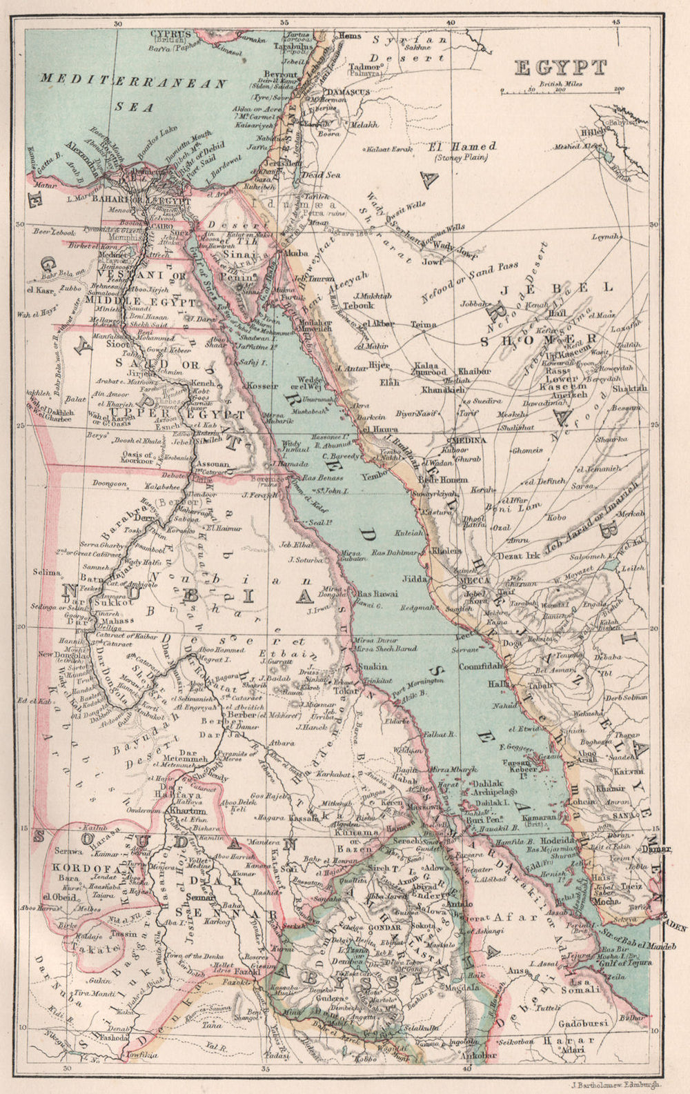 Egypt, the Red Sea & Nubia. BARTHOLOMEW 1886 old antique map plan chart