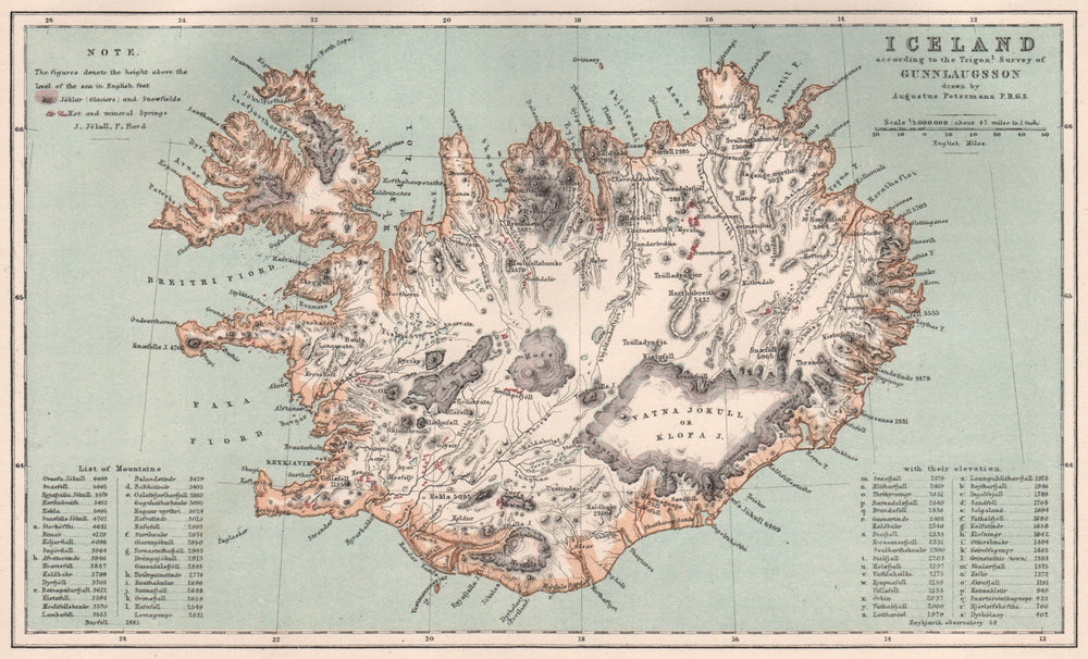 ICELAND according Gunnlaugsson's survey. PETERMANN 1886 old antique map chart