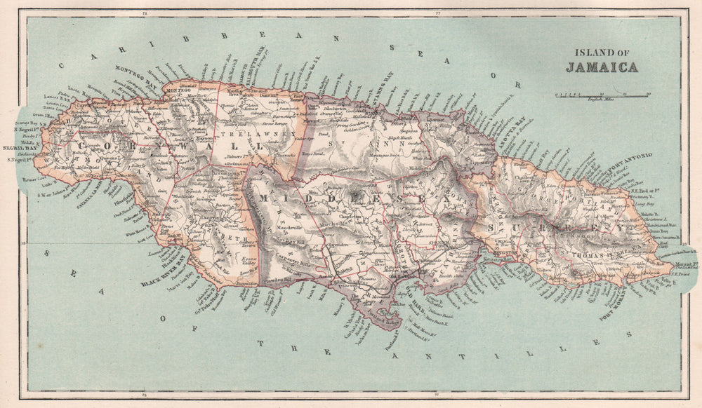 Island of JAMAICA. Counties. BARTHOLOMEW 1886 old antique map plan chart
