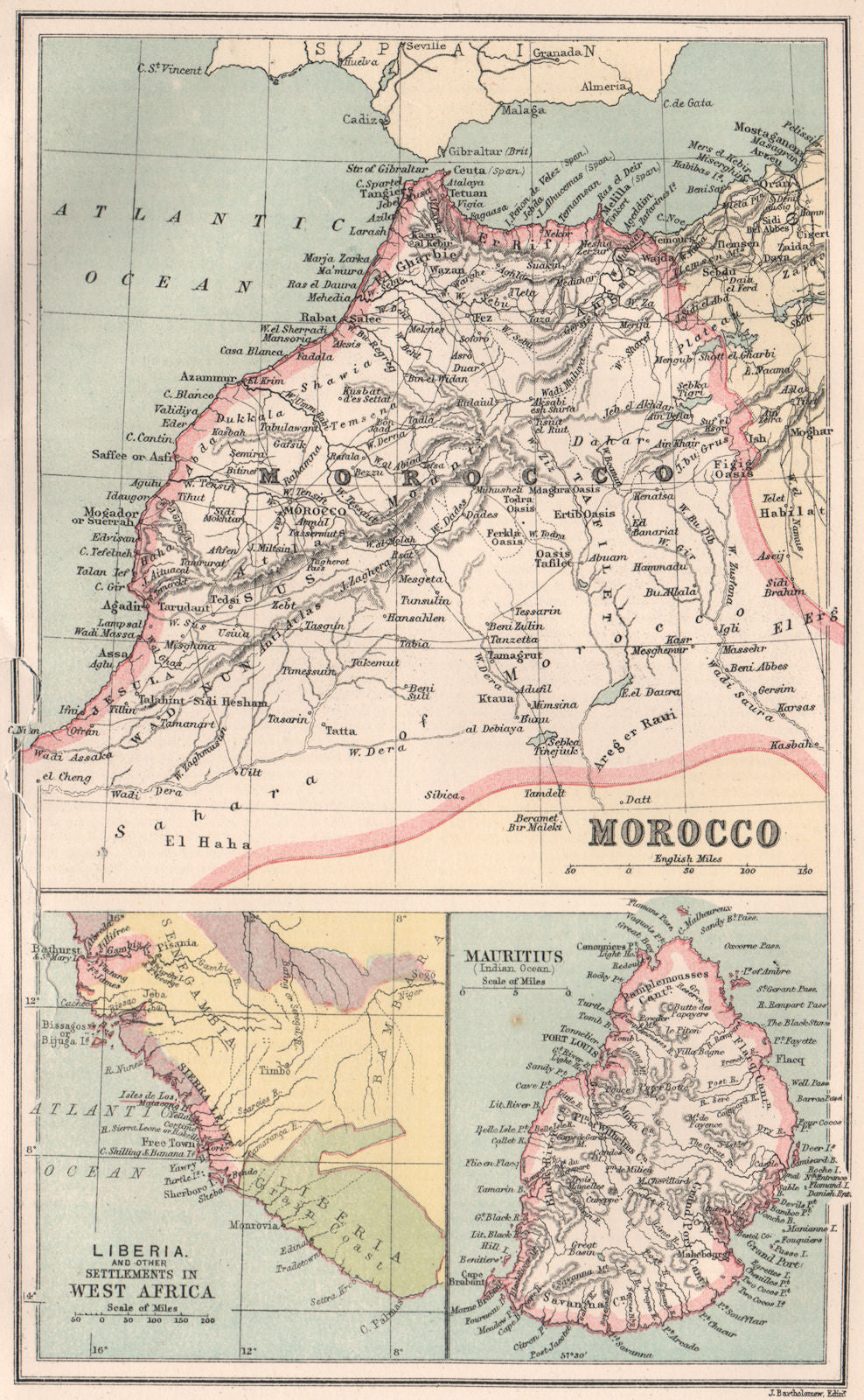 MOROCCO LIBERIA & MAURITIUS. Sierra Leone. BARTHOLOMEW 1886 old antique map