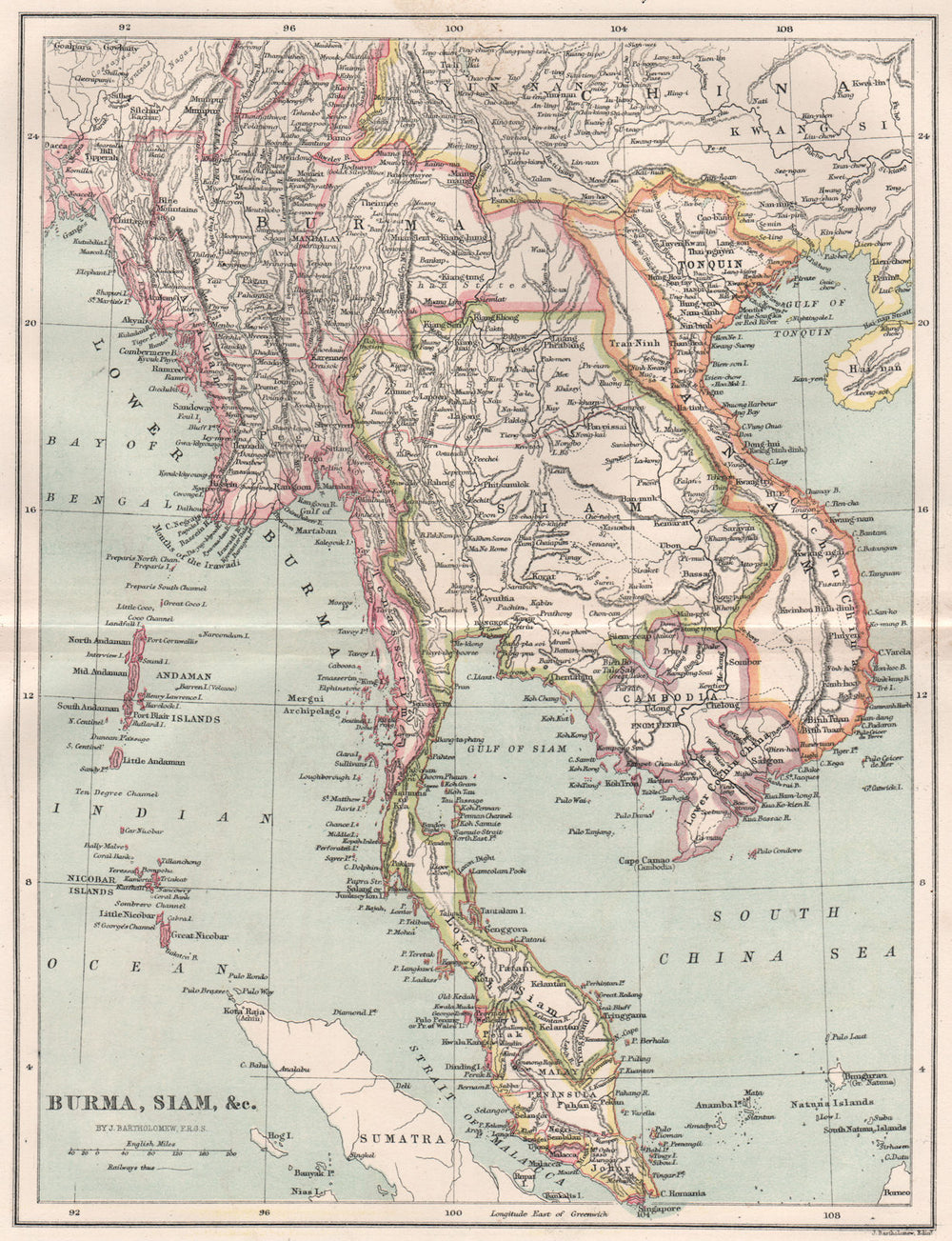 INDOCHINA. Burma Siam Anam Cambodia. BARTHOLOMEW 1886 old antique map chart