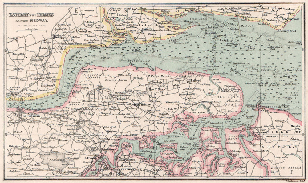 Estuary of the THAMES and the MEDWAY sea chart. Kent. BARTHOLOMEW 1886 old map