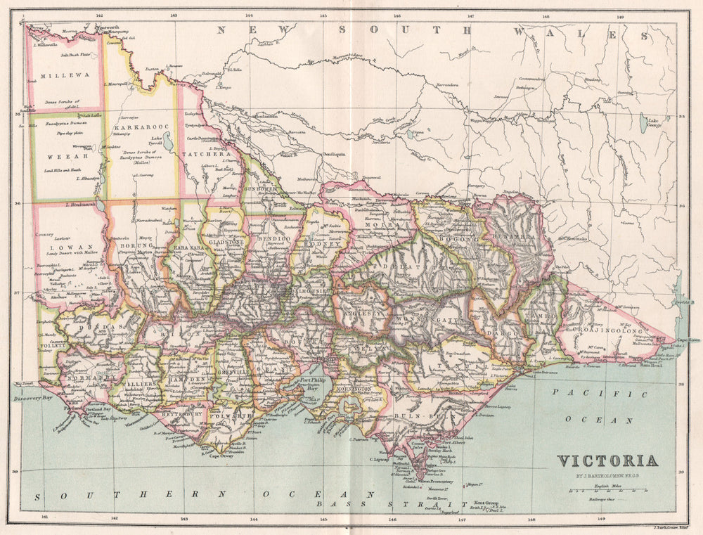 Victoria, Australia. State map showing counties. BARTHOLOMEW 1886 old