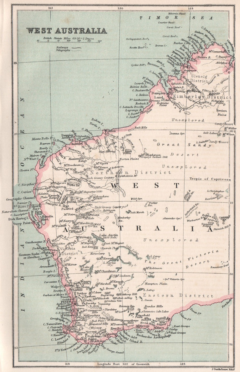 West Australia. Western Australia. BARTHOLOMEW 1886 old antique map plan chart