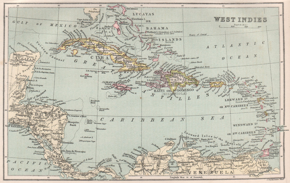 West Indies. Haiti/Dominican Republic borders differ. BARTHOLOMEW 1886 old map