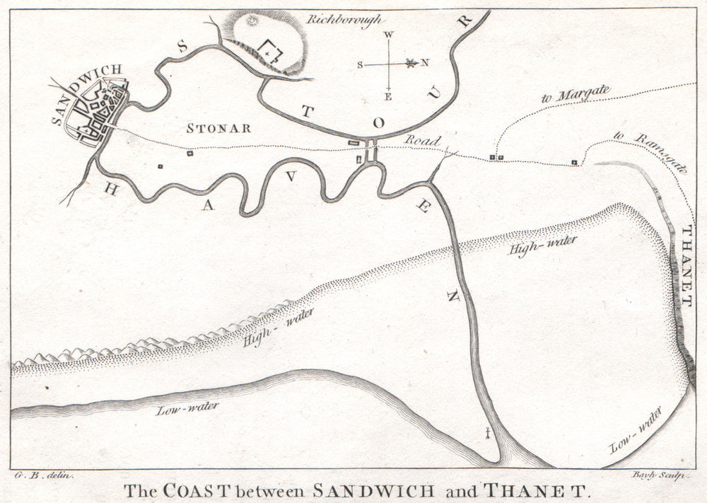 SANDWICH, KENT. 'The coast between Sandwich and Thanet'. GOSTLING 1825 old map