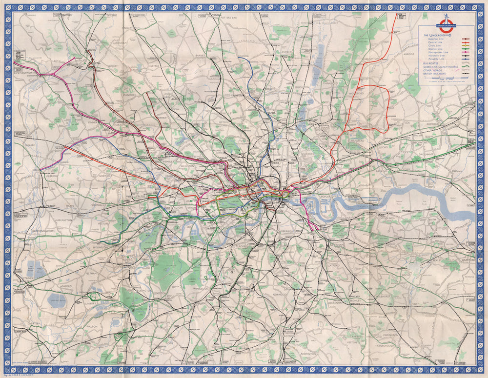 LONDON TRANSPORT MAP. Underground tube bus green line coaches rail. LEWIS 1956