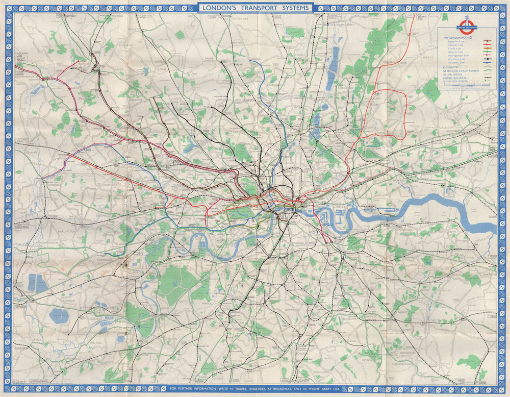 LONDON TRANSPORT MAP. Underground tube bus green line coaches rail. LEWIS 1961