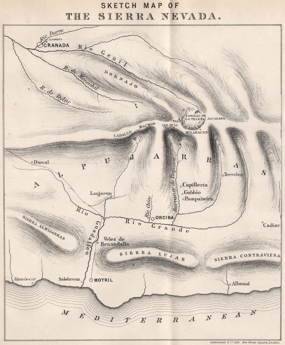 Sketch map of the SIERRA NEVADA. Granada. Motril. Spain Espana 1867 old