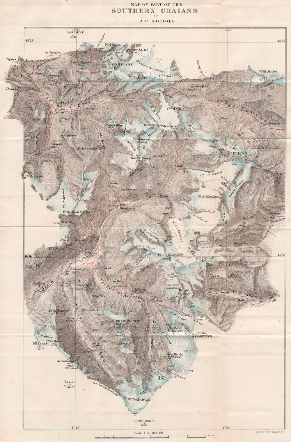 SOUTHERN GRAIAN ALPS. Savoie. Val de Tignes. Val d'Isère. Bonneval 1867 map