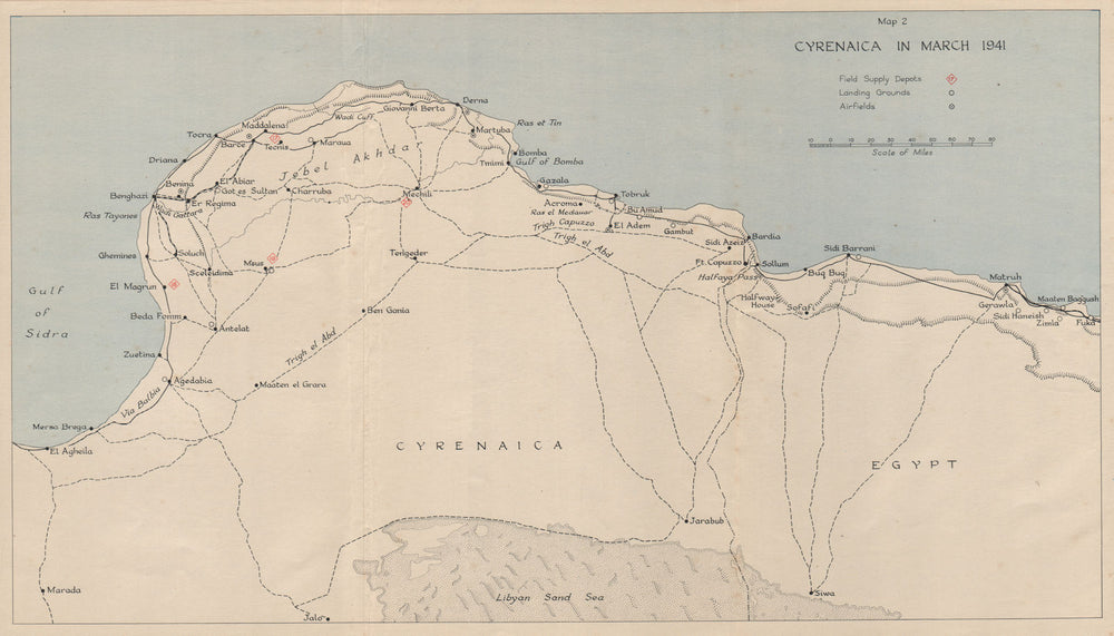 WW2 NORTH AFRICA CAMPAIGN. Cyrenaica in March 1941. Libya 1956 old vintage map
