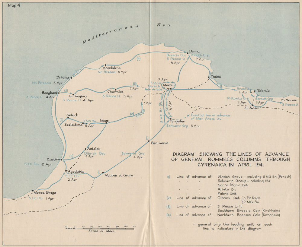 NORTH AFRICA CAMPAIGN April 1941. Rommel's advance, Cyrenaica. Libya 1956 map
