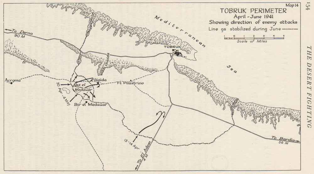NORTH AFRICAN CAMPAIGN. Tobruk perimeter April-June 1941. Axis attacks 1956 map