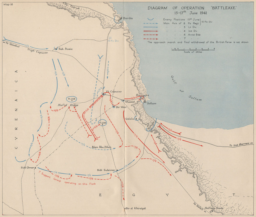WW2 NORTH AFRICAN CAMPAIGN. Operation Battleaxe 15-17 June 1941. Libya 1956 map