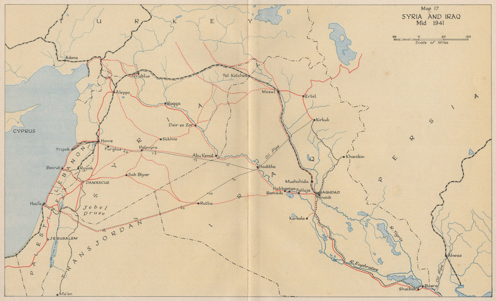 ANGLO-IRAQI WAR 1941. Syria and Iraq, mid 1941. World War 2 1956 old map