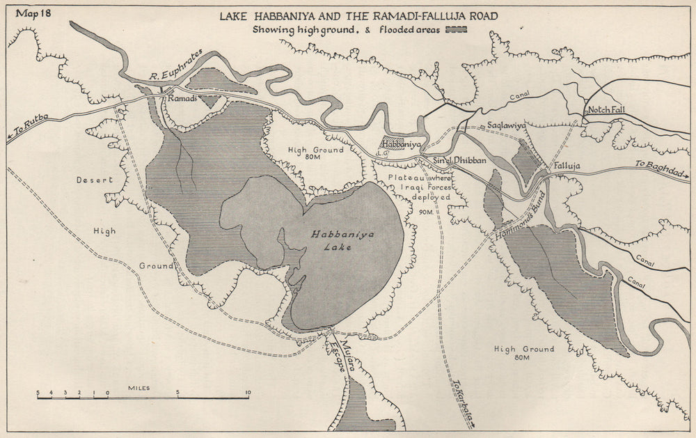 ANGLO-IRAQI WAR 1941. Lake Habbaniya. Ramadi-Falluja road 1956 old vintage map