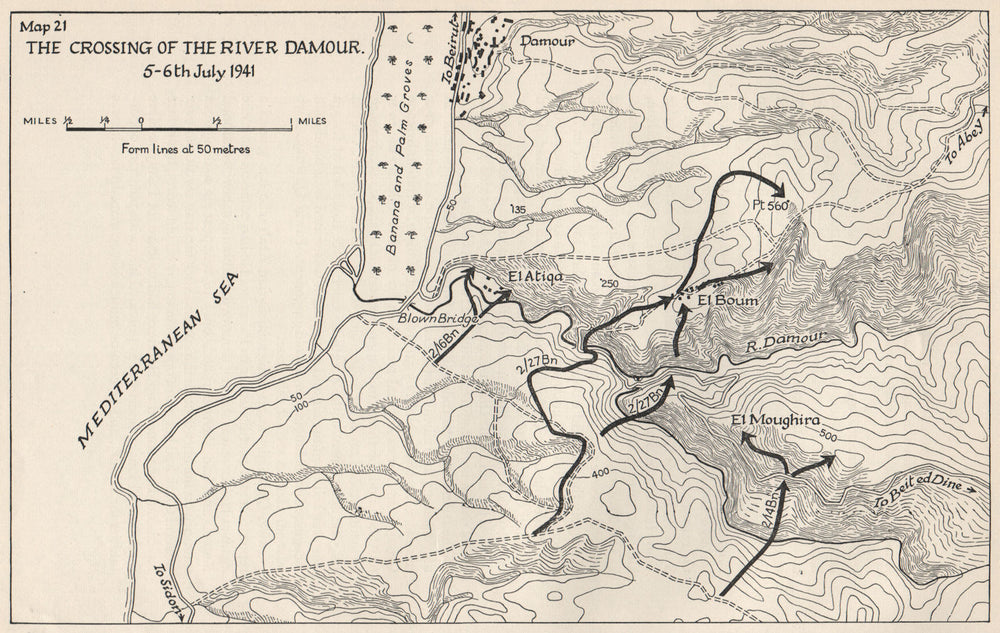 OPERATION EXPORTER 1941. River Damour crossing. 5-6 July. Syria/Lebanon 1956 map