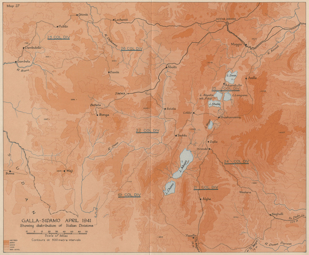EAST AFRICAN CAMPAIGN 1941. Galla-Sidamo Italian divisions. Ethiopia 1956 map
