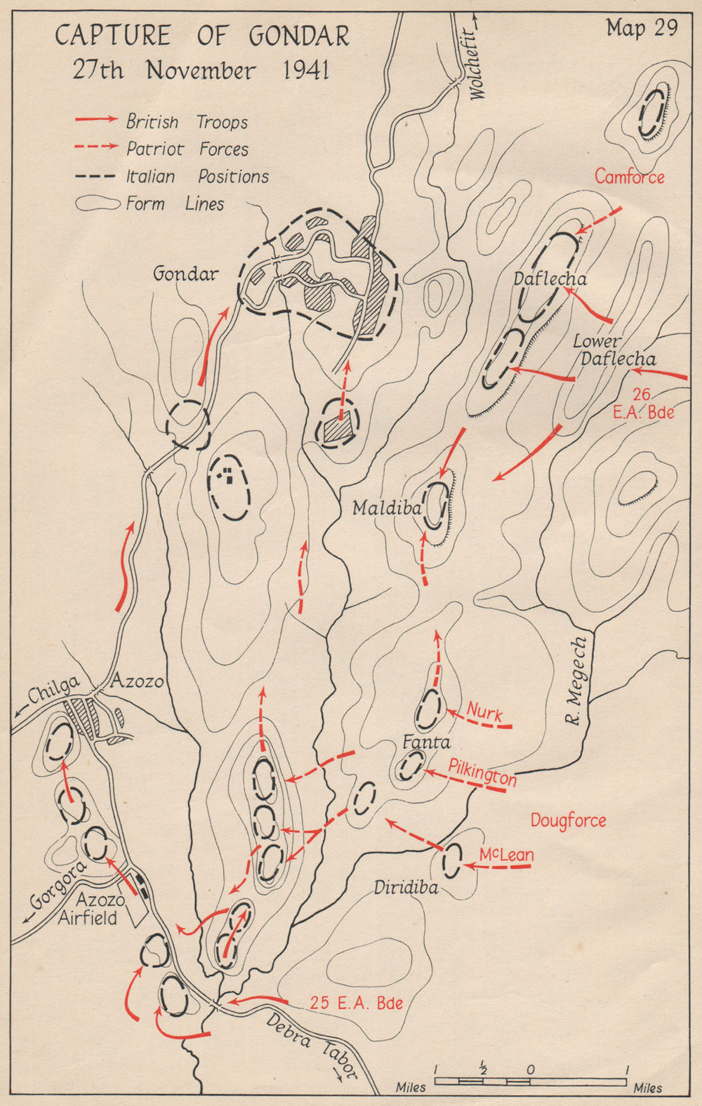 WW2 EAST AFRICAN CAMPAIGN. Capture of Gondar 27 November 1941. Ethiopia 1956 map