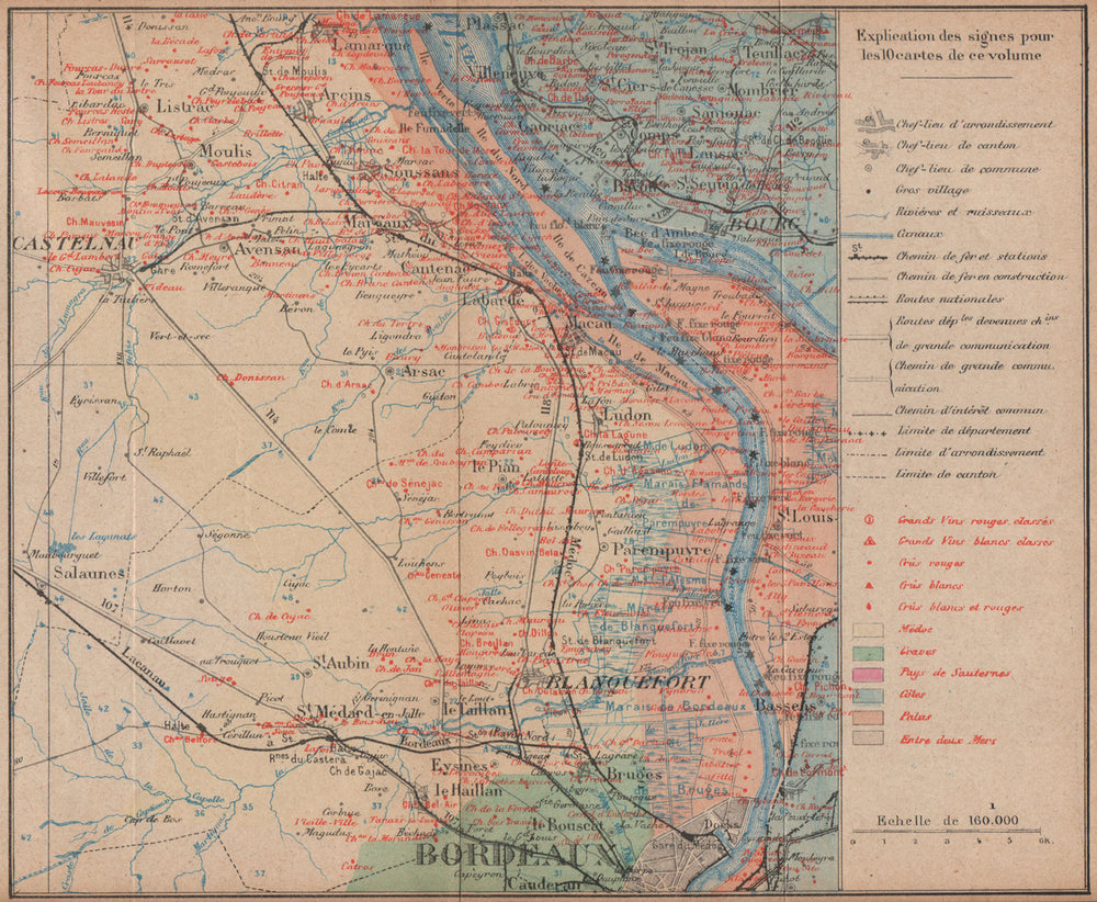 BORDEAUX WINE MAP. Carte vinicole. Bourg Haut-Médoc Chateaux. COCKS & FERET 1908