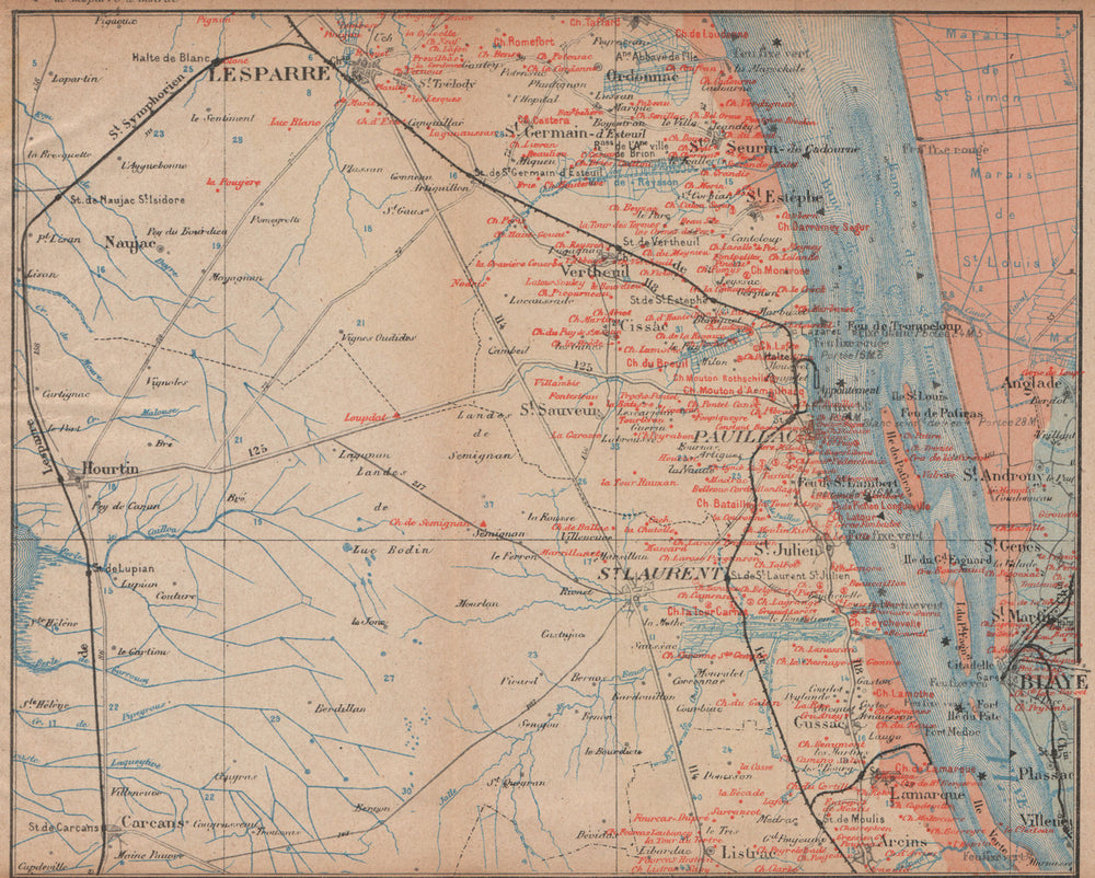 BORDEAUX WINE MAP Blaye Pauillac St Julien St Estéphe chateaux. COCKS/FERET 1908