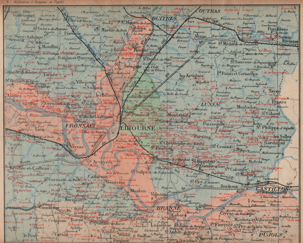 BORDEAUX WINE MAP. St-Emilion Pomerol Canon-Fronsac chateaux. COCKS & FERET 1908