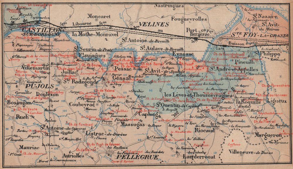 BORDEAUX WINE MAP Entre-deux-mers. Castillon Pujols chateaux. COCKS & FERET 1908