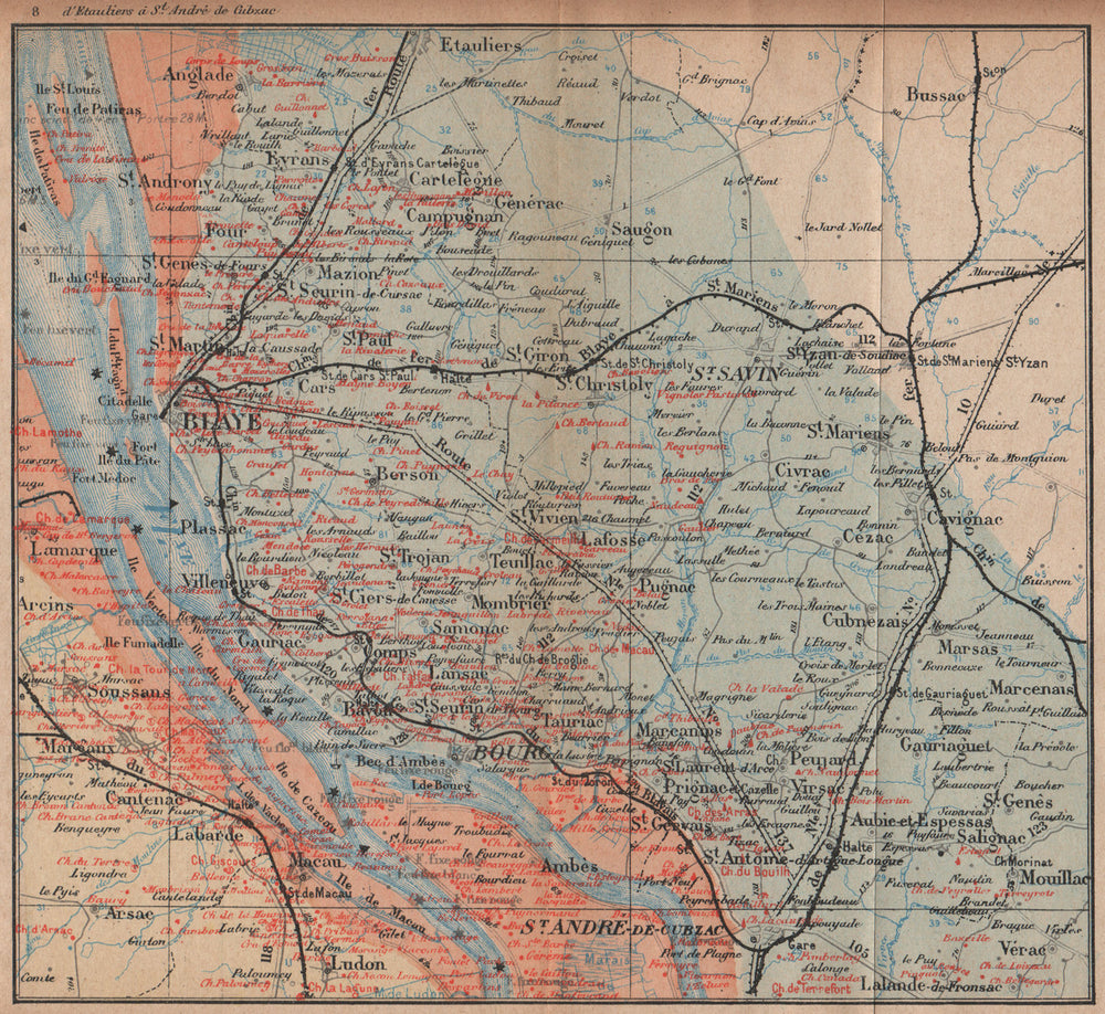 BORDEAUX WINE MAP Carte vinicole. Margaux Bourg Blaye chateaux. COCKS/FERET 1908