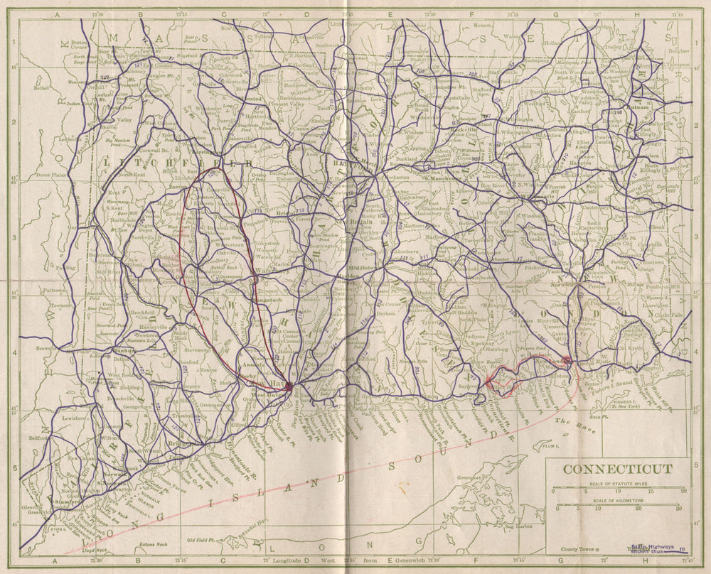 Connecticut State Highways. POATES 1925 old vintage map plan chart