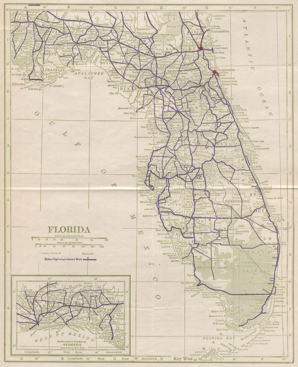 Florida State Highways. POATES 1925 old vintage map plan chart